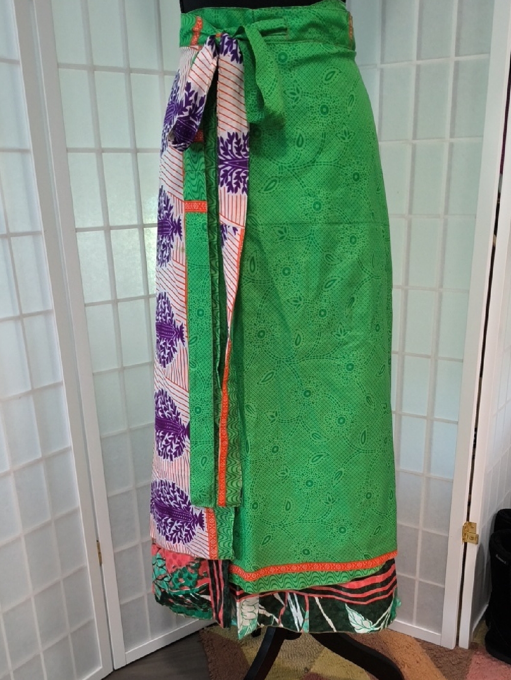 Darn Good Yarn Silk Sari Wrap Skirt - Green/Multi - Ankle Length